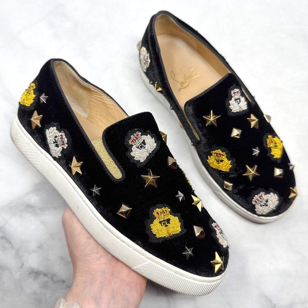 Christian Louboutin Miss Academy Velvet Slip On Flat Sneaker Shoes Black 35